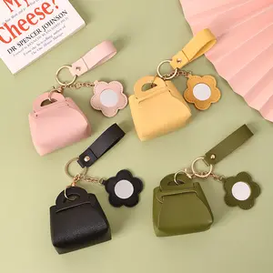 Creative PU Leather Bag Keychain, Mini Mirror Storage Pouch, Solid Color Coin Purse & Bag Charm, Portable Compact Wallet Pendant