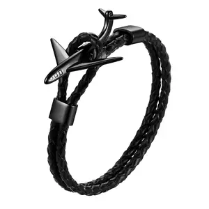 OIDEA Vintage Tribal Multi-Layer Braided Leather Airplane Stainless Steel Bracelet for Men — Pilot Charm Bangle, Adjustable, Black Brown Blue Gold Silver