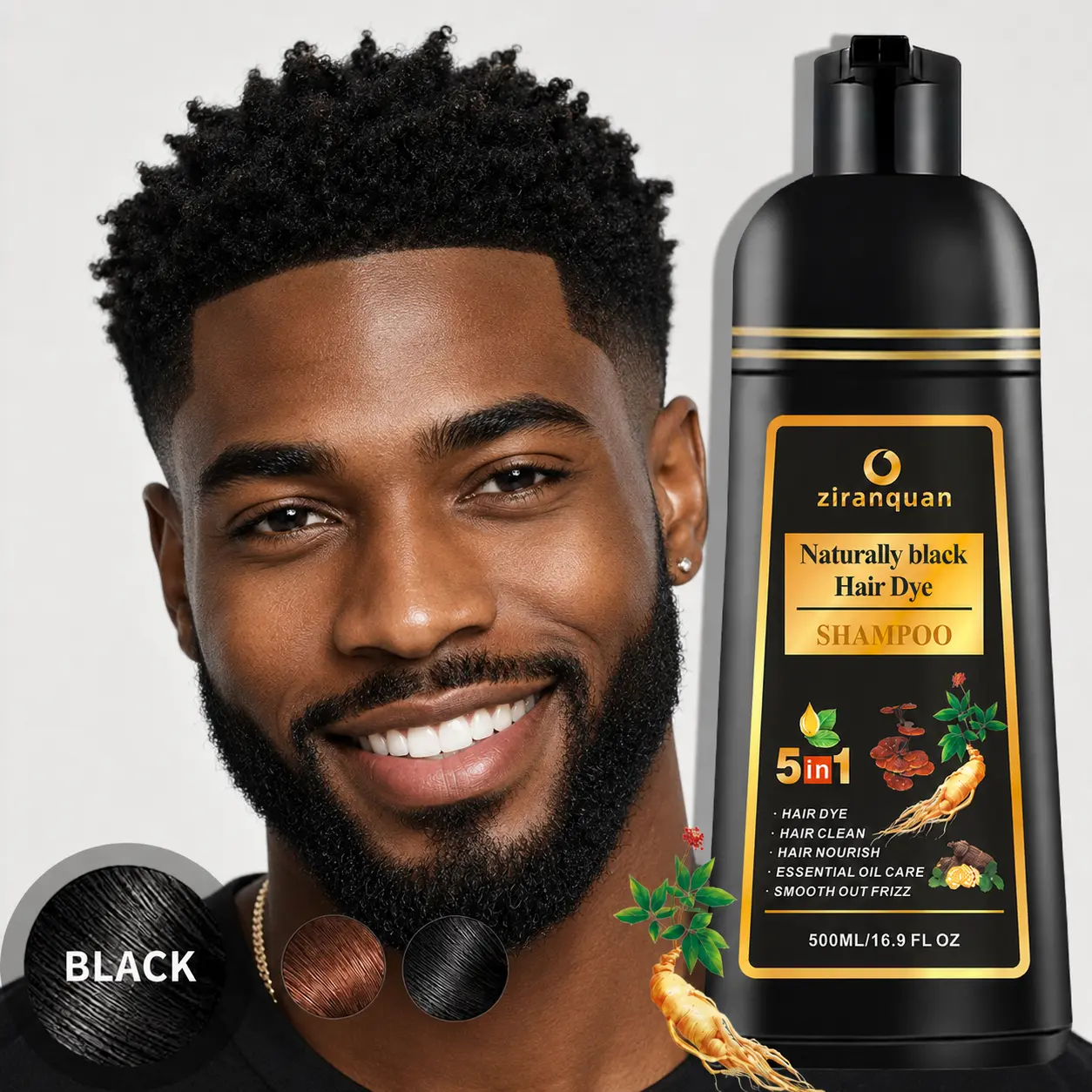 5-in-1 Semi-Permanent Natural Black Hair Dye Shampoo for Gray Hair Coverage - Herbal Ginseng Extract Haircare Coloring Shampoo & Conditioner, Ammonia-Free, PPD-Free, Gentle Scalp Care - Fast 10-Min At-Home Fast Dye Kit (500ml/16.9 fl oz)