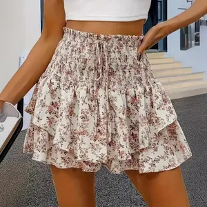 Women's High Waisted Pleated Skater Skirt, Casual Ruffles Flared Mini Skirt Lightweight 100% Polyester Fashion Skirt for Christmas Holiday Spring Daily Casual Wear