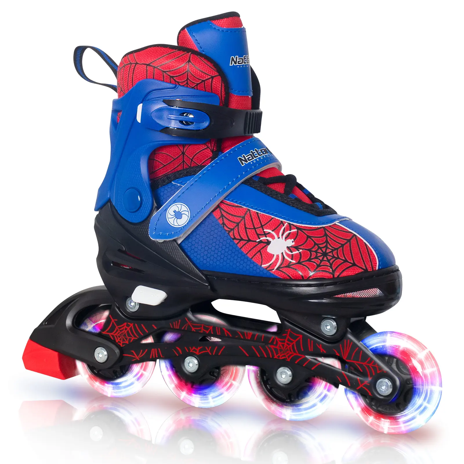 Nattork Adjustable Inline Roller Skates for Kids, 4-Wheel Design, Colorful Wheels and Spider Web Design, Four Wheel Design