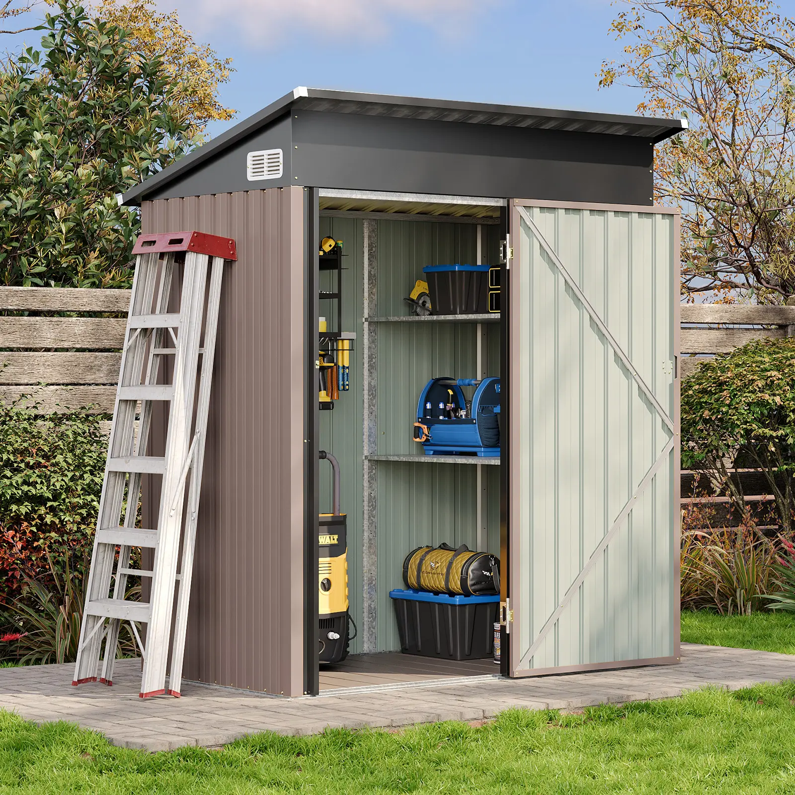 Aoxun 5‘x3'/3’x3‘Outdoor Metal Storage Shed with 14mm PP Floor & 2 Adjustable Shelves, Lockable Double Door Weatherproof Galvanized Steel Garden Tool Shed for Backyard Lawn Poolside Brown