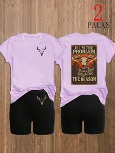 Women's 2-Piece Set, Casual Loose Round Neck Short Sleeve Top, Western Cowboy Print, Slim Fit Shorts, Summer Fashion, Outdoor, Shopping, Parties, Womenswear
