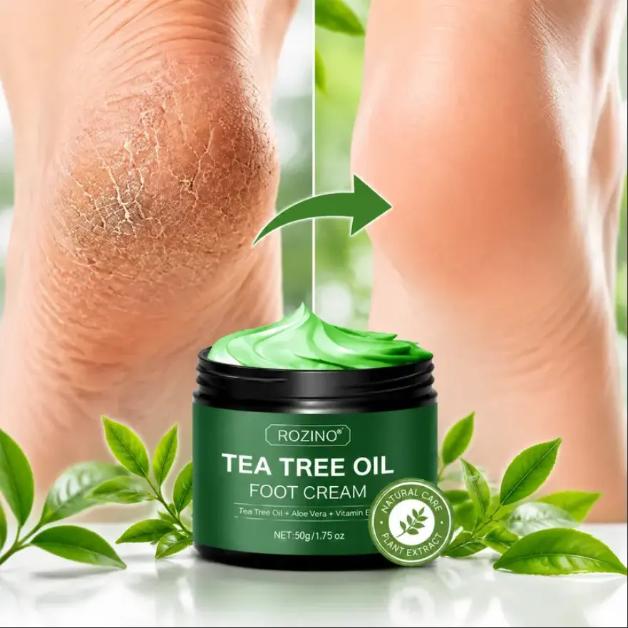 [2 bottles] ROZINO Tea Tree Foot Cream, Moisturizing Foot Care with Aloe Vera, Peppermint & Vitamin E for Dry Rough Feet, Overnight Repair Cream for Cracked Heels, 50g