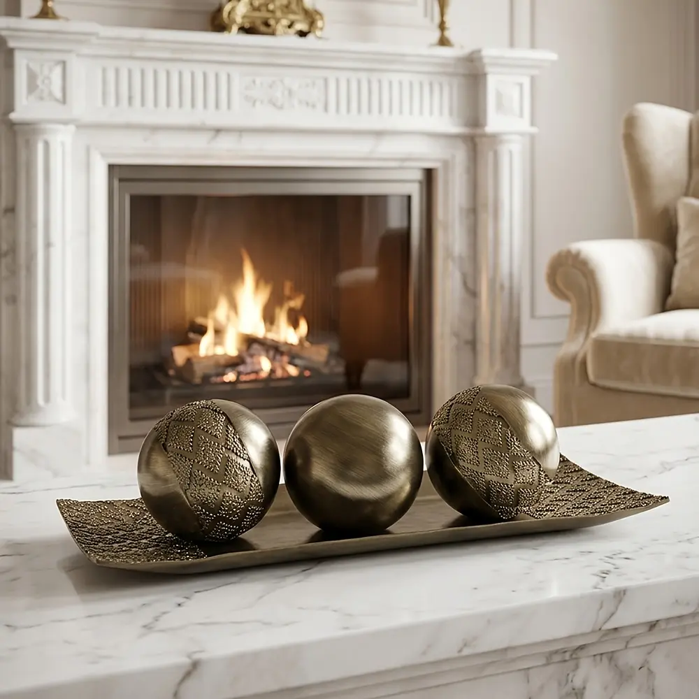 Ancient Silvery Luxury 14.7in Resin Tray & Decorative Balls Set - Heavy-Weight Non-Plastic Home Decor Centerpiece for Living Room, Fireplace