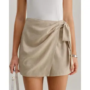 rihoas Women's High-Waisted Khaki Ruched A-Line Short Skirt Skort, Linen-Polyester Fabric, Casual Womenswear Bottoms,summervibes