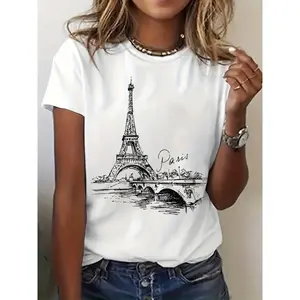 Women's Paris Eiffel Tower T-Shirt - France Travel Aesthetic Short Sleeve Top with Iconic Landmark Print, Crew Neck Casual Blouse for Summer & Spring Wardrobe - French Capital Style