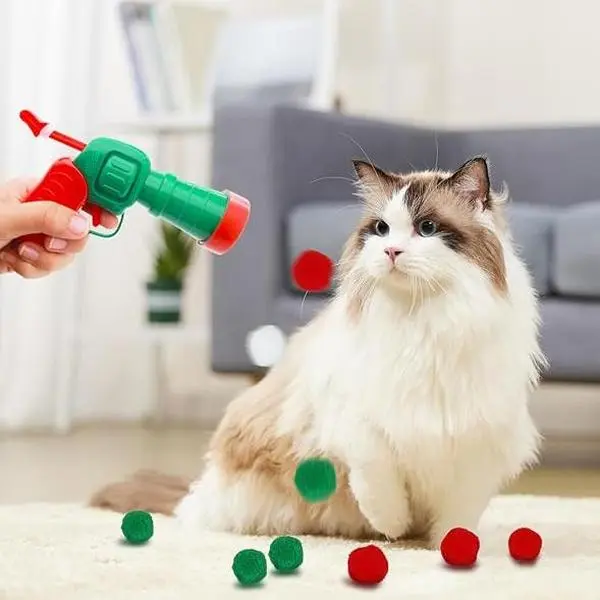 Joy Cat Interactive Toy - Silent Plush Ball Launcher plastic-toy-gun Set (30 Colorful Balls + Red-Green Gun)