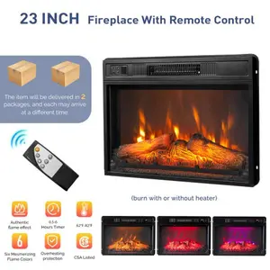 23-inch fireplace insert, black, sheet metal, heating element/adjustable temperature/timer/with display/includes artificial logs/with remote control, multi-color/6-color flame.