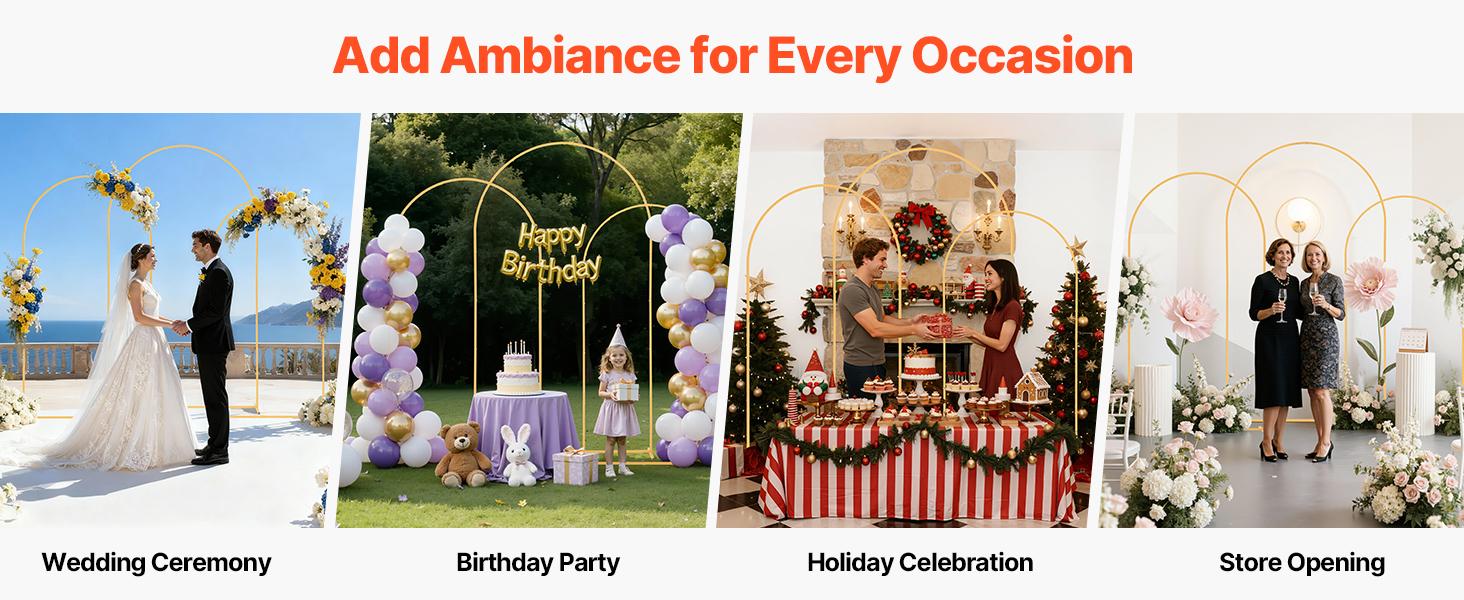 VEVOR Arch Backdrop Stand, Set of 3, 8/7.2/6.6 ft, Stable Structure, Easy Assembly, Gold Metal Arch Backdrop Stand for Wedding, Birthday Party, Graduation, Holiday Celebration, and Ceremony Decoration