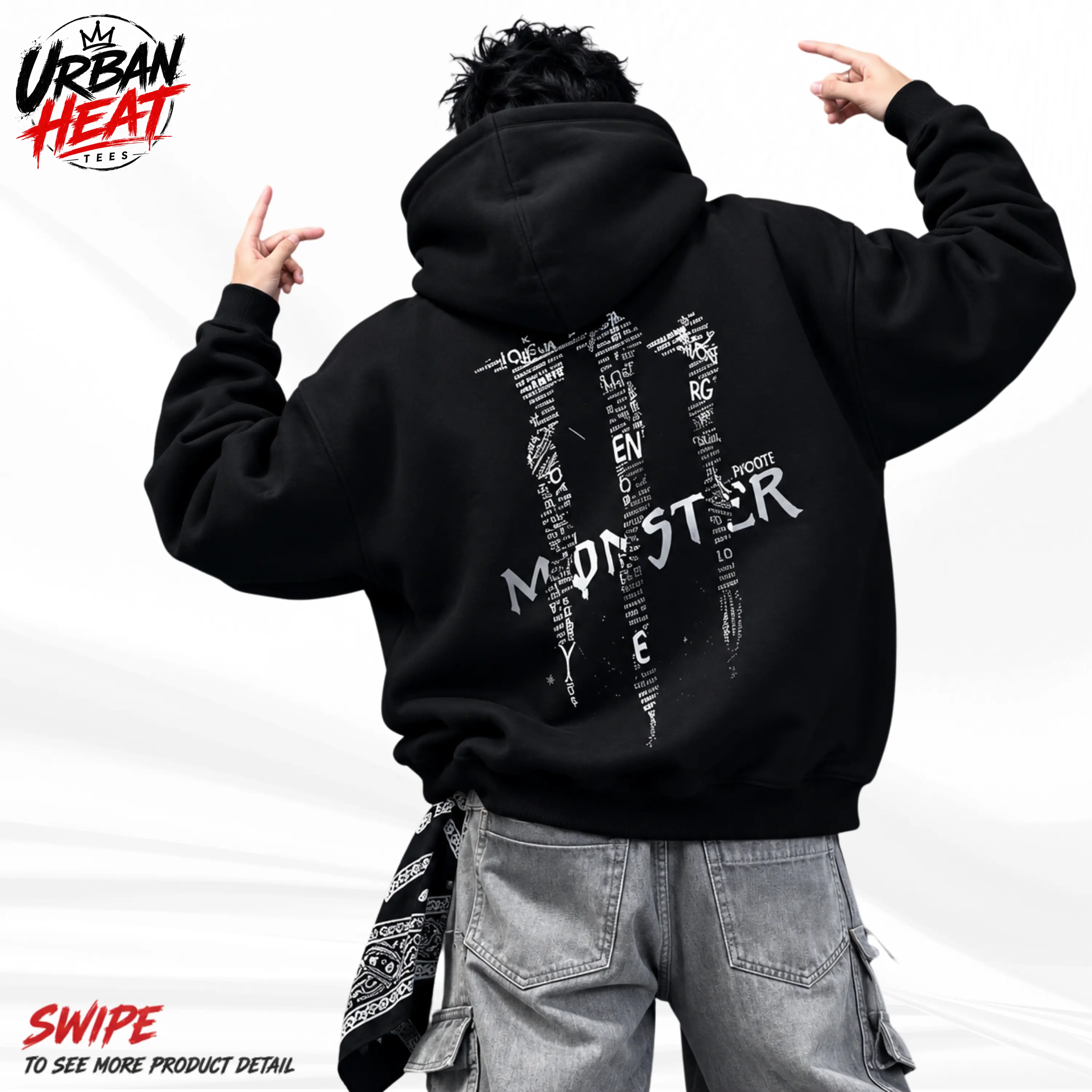 Monster Text Patchwork Graphic Hoodie | Heavyweight Fleece Streetwear Sweatshirt | Top Trendy Y2K Aesthetic Streetwear Oversized Sweatshirt