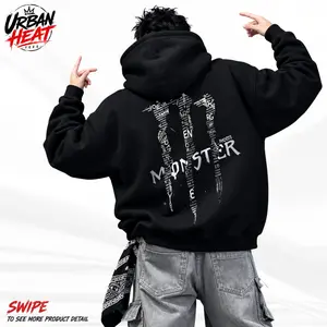 Monster Text Patchwork Graphic Hoodie | Heavyweight Fleece Streetwear Sweatshirt | Top Trendy Y2K Aesthetic Streetwear Oversized Sweatshirt