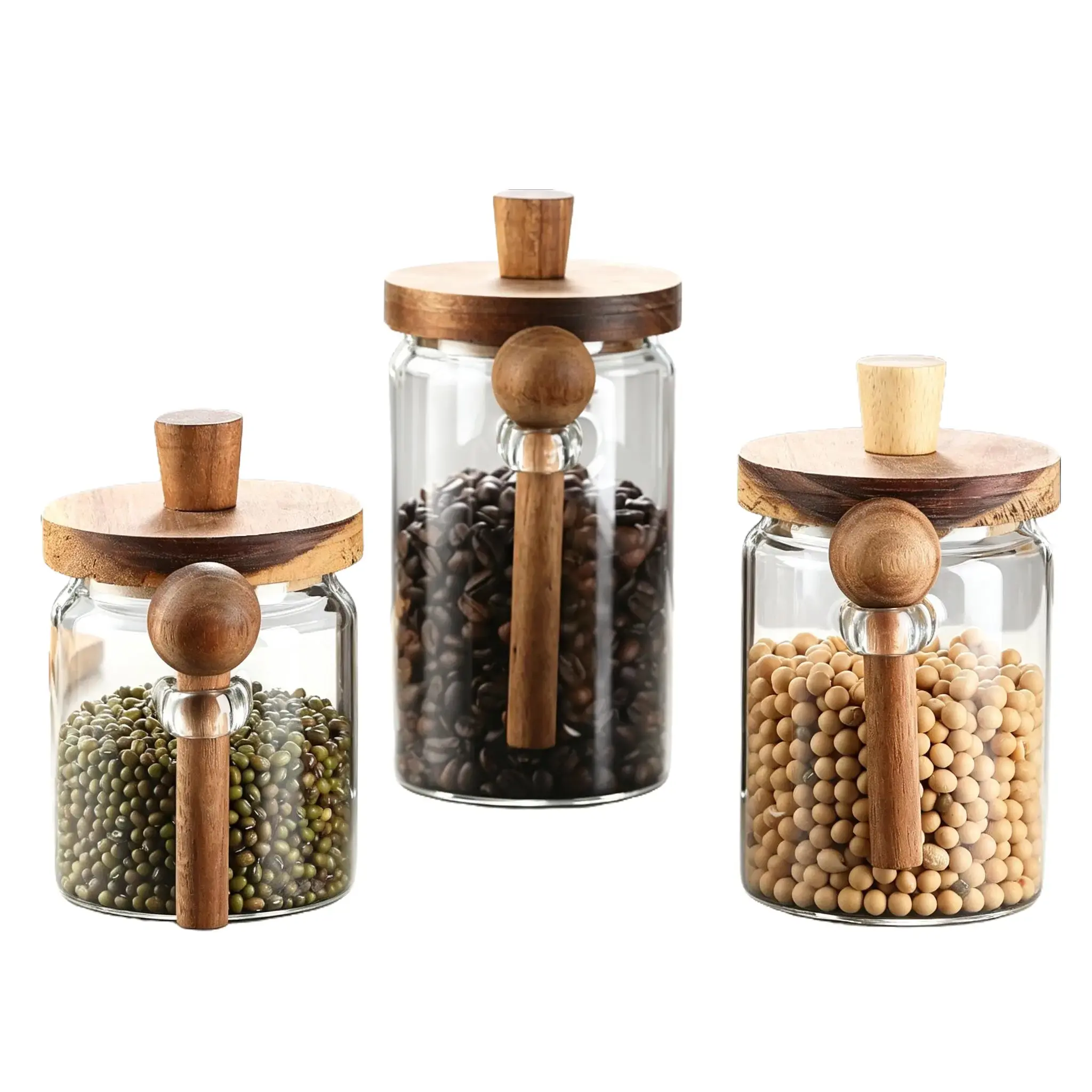 3-Piece Glass Coffee Jar Set (includes spoon), Airtight Coffee Bean Jars | Coffee Bar Storage Set, Coffee Jars with Wooden Lids, Coffee Grounds Storage Jar  tea leaf    (26 oz./20 oz./15 oz.)—Ideal for Kitchen Storage and Pantry Organization
