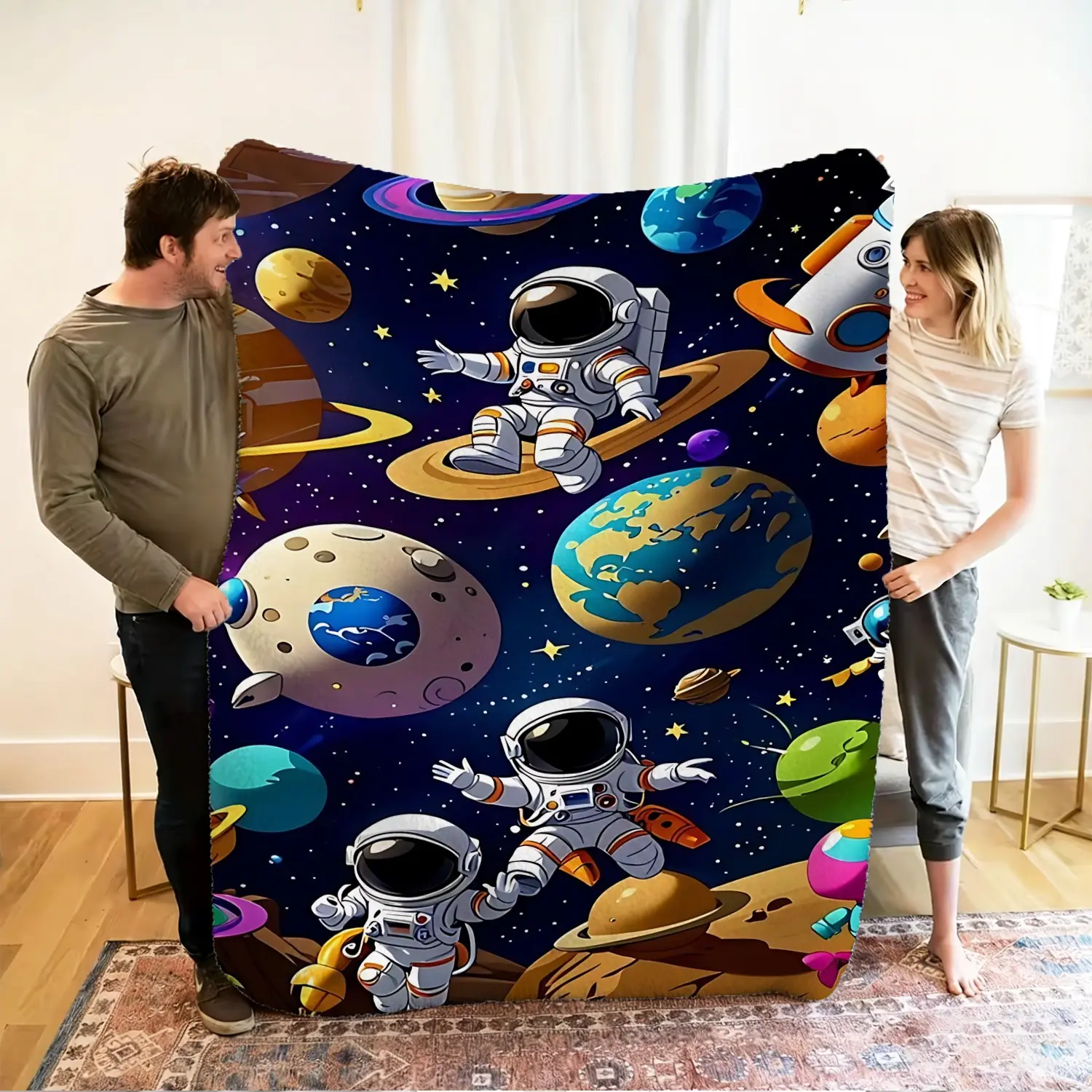 Trendy Space Astronaut Planet Flannel Blanket, All‑Season Wearable Warm Throw Blanket, Suitable for Bed, Couch, Camping, Travel & Office Use, Machine Washable Lightweight Blanket, Unique Aesthetic Gift for Kids & Young Boys