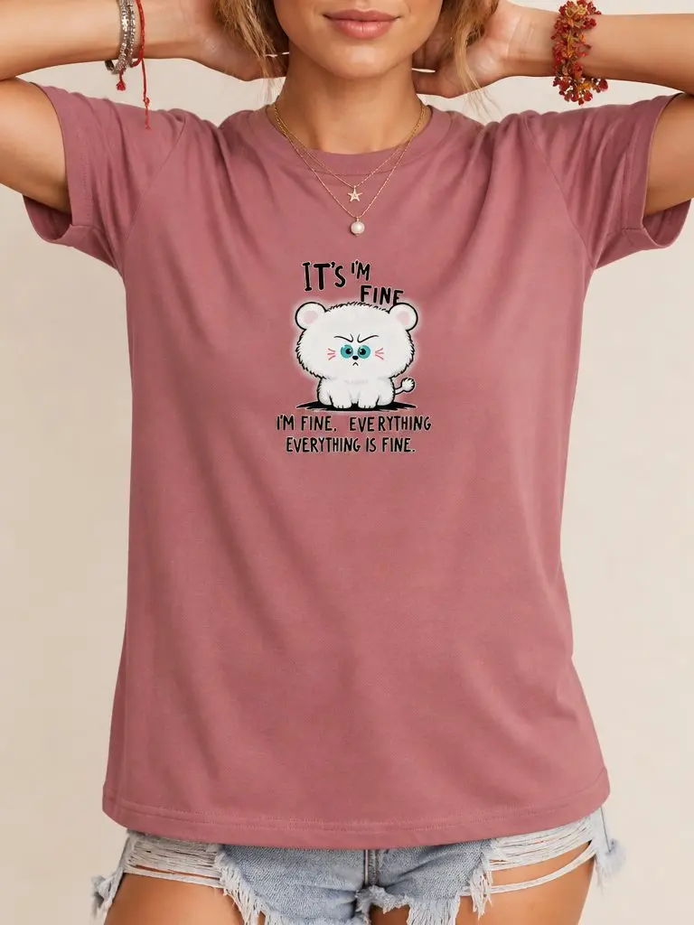 Moody Fluffy White Lion Graphic Tee, Soft 100% Cotton Relaxed Fit Short Sleeve Top Crew Neck, Moody Fluffy White Lion Funny Quote Printed, Durable Minimal Basic T-Shirt for Women Street Casual Office Home Outdoor Daily Outfits.
