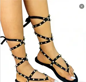 Women'S Studded Gladiator Sandals |     Multi-Strap Lace-Up Over-the-Knee Sandals with Golden Rivets, Bold,  Suitable for Music Festivals, Beach Vacations, and Night Outings |     Round Toe, Flat Heel, sparkly strap chanclas that wrap around leg