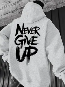 Men's Casual Solid Color Hoodie, Regular Fit Streetwear Long Sleeve Pullover with Drawstring Pockets, Letter Print Fall & Winter Fashion