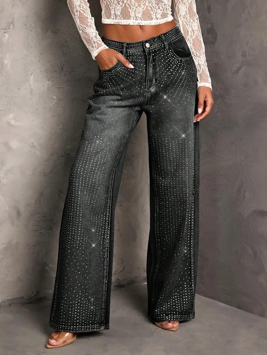 Women's Rhinestone Embellished Straight Leg Jeans