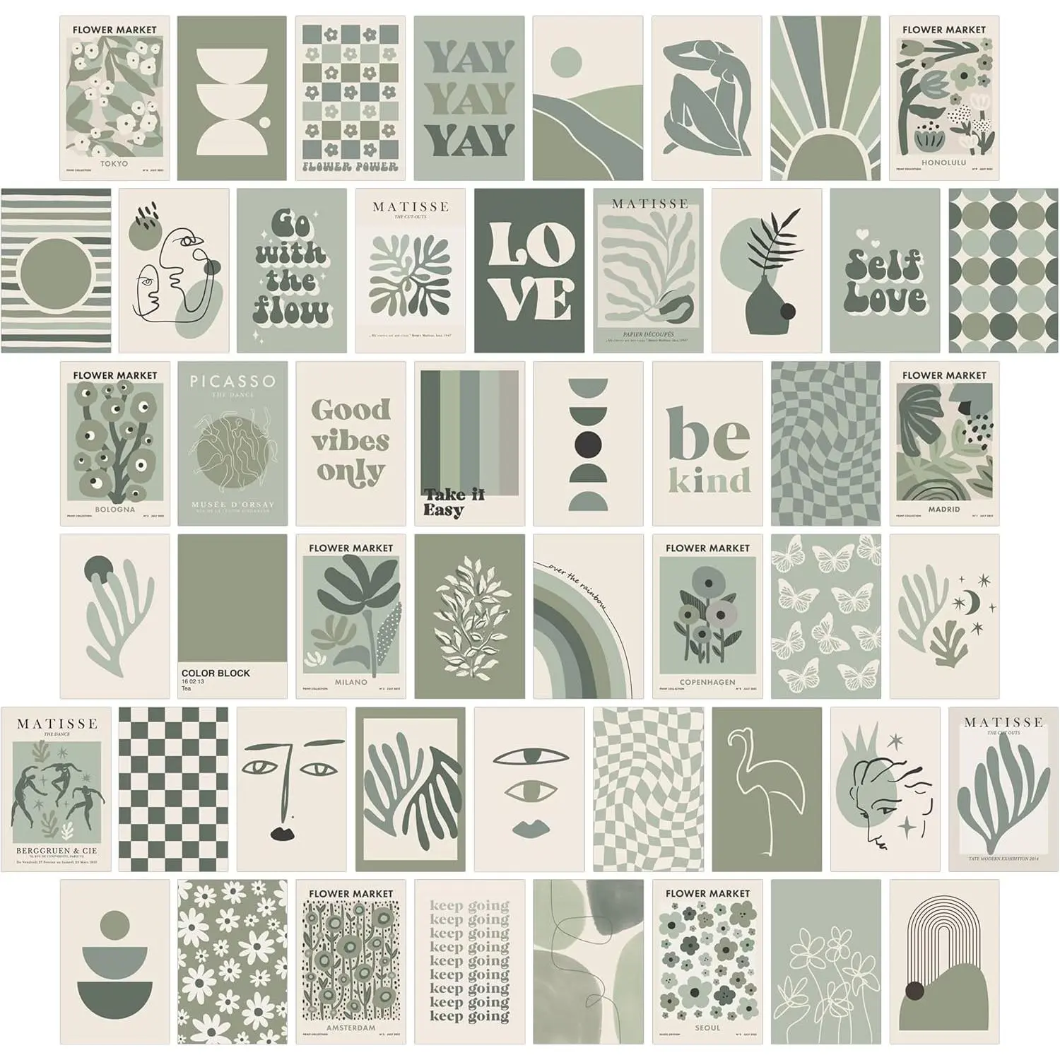 Room Decor Aesthetic, Matisse Wall Collage Kit Posters for Room Aesthetic Posters Prints, Sage Green Aesthetic Dorm Room Decor for Teen Girl