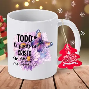 Butterfly & Bible Verse Coffee Mug - Spanish "To Love Is to Love Christ" Design, Reusable Ceramic Cup with Non-Slip Base, Hand Wash Only, Ideal for Christmas, Thanksgiving, Perfect for Thanksgiving, Spiritual Gift Item | Inspirational Mug | Durable