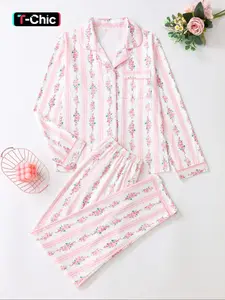 Elegant Floral Pattern Long Sleeve Pajamas Set, Light Button-Up Top and Pants, Casual Fitted Sleepwear, Matching Pyjamas for Spring & Fall