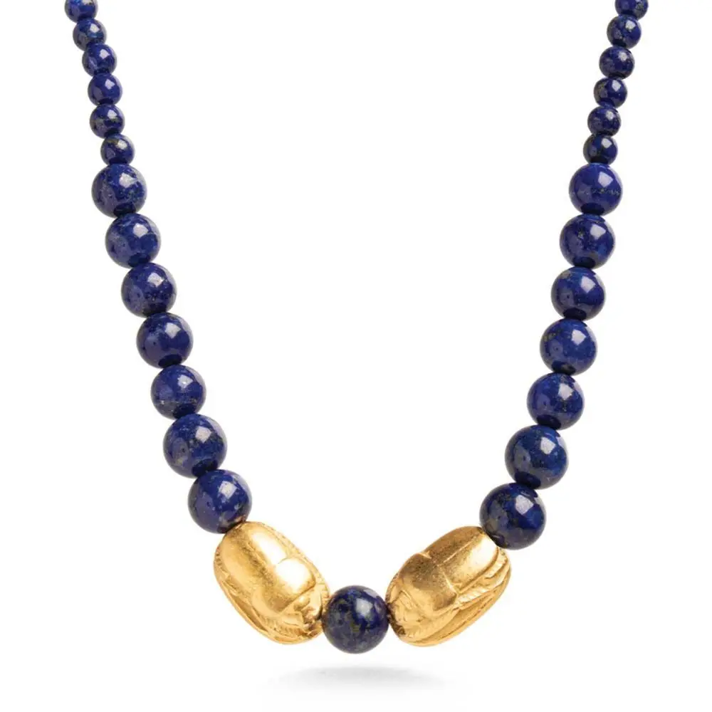 Egyptian Lapis Beaded Necklace with Scarabs