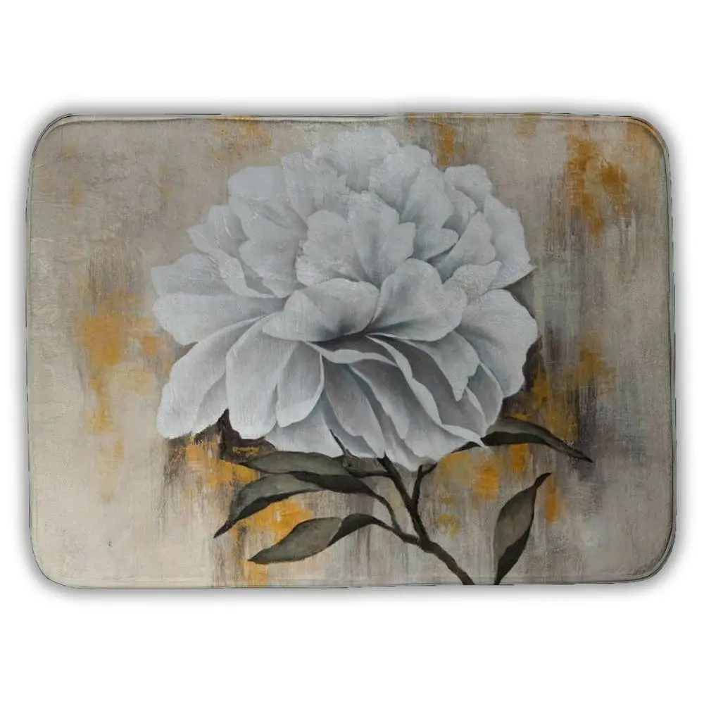 17x24 in White Peony Microfiber Foam Bath Mat - Non-Slip, Durable, Cushioned, Easy to Clean Farmhouse Rustic Rectangle Bathroom Decor, 360-Degree Stand Indoor Home Supply