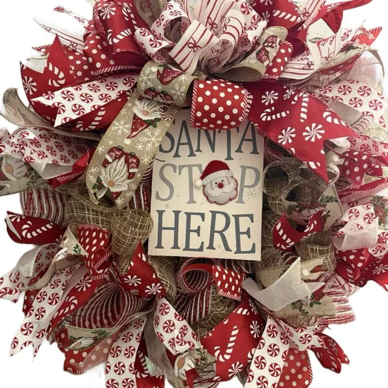 26” Christmas Indoor/Outdoor Santa Stop Here Deco Ribbon Wreath