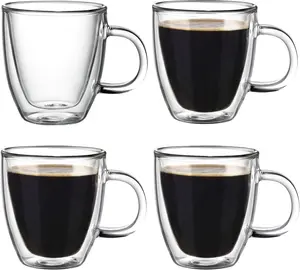 Double Wall Glass Coffee Mugs, 4-Pack 5.5 Ounces - Clear Glass, Insulated, Heat Resistant