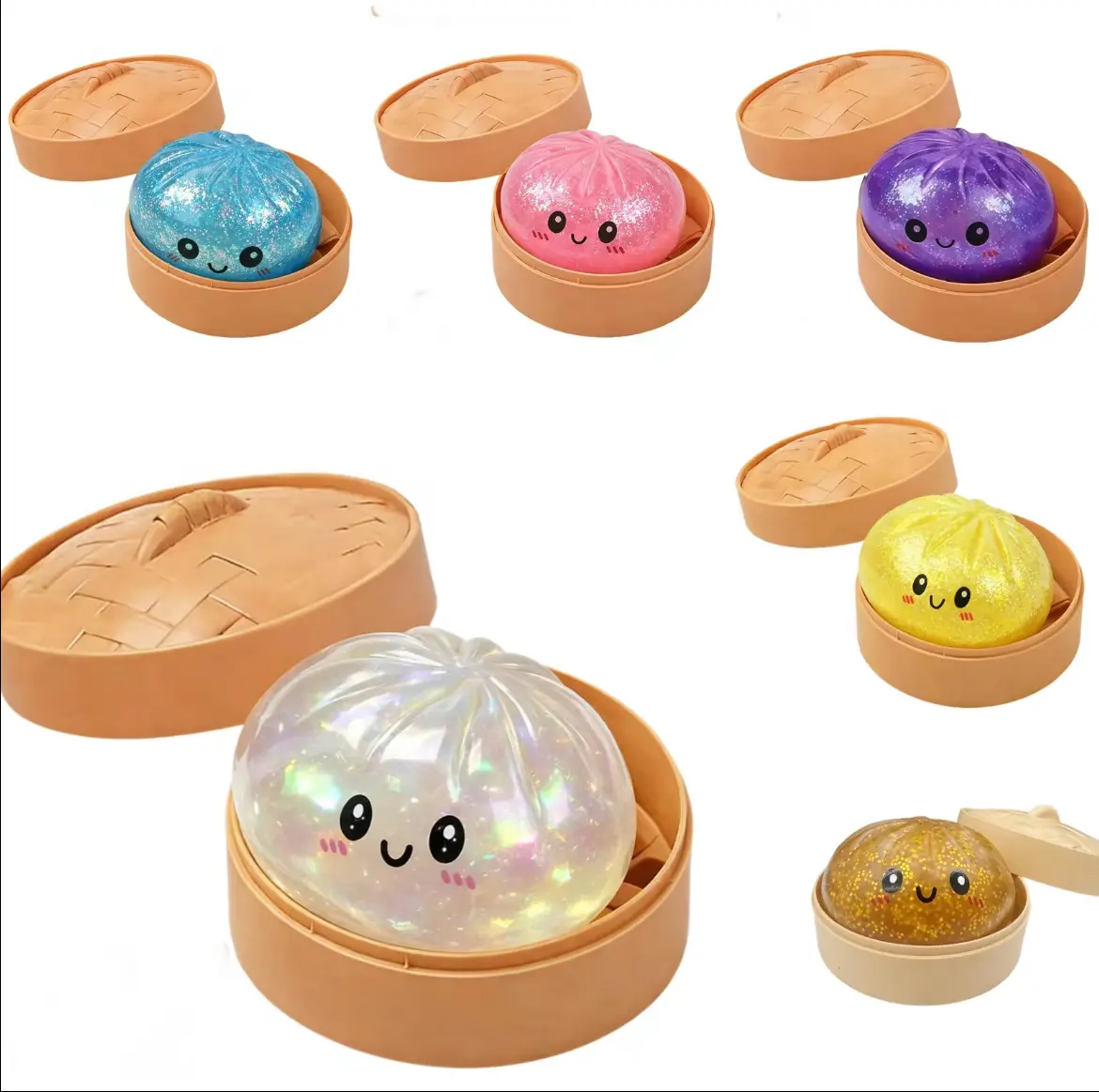 Glitter Dumpling Squishies Toys - Stress Relief Squeeze Ball with Steamer Box, Chinese Baozi Bun Squishy
