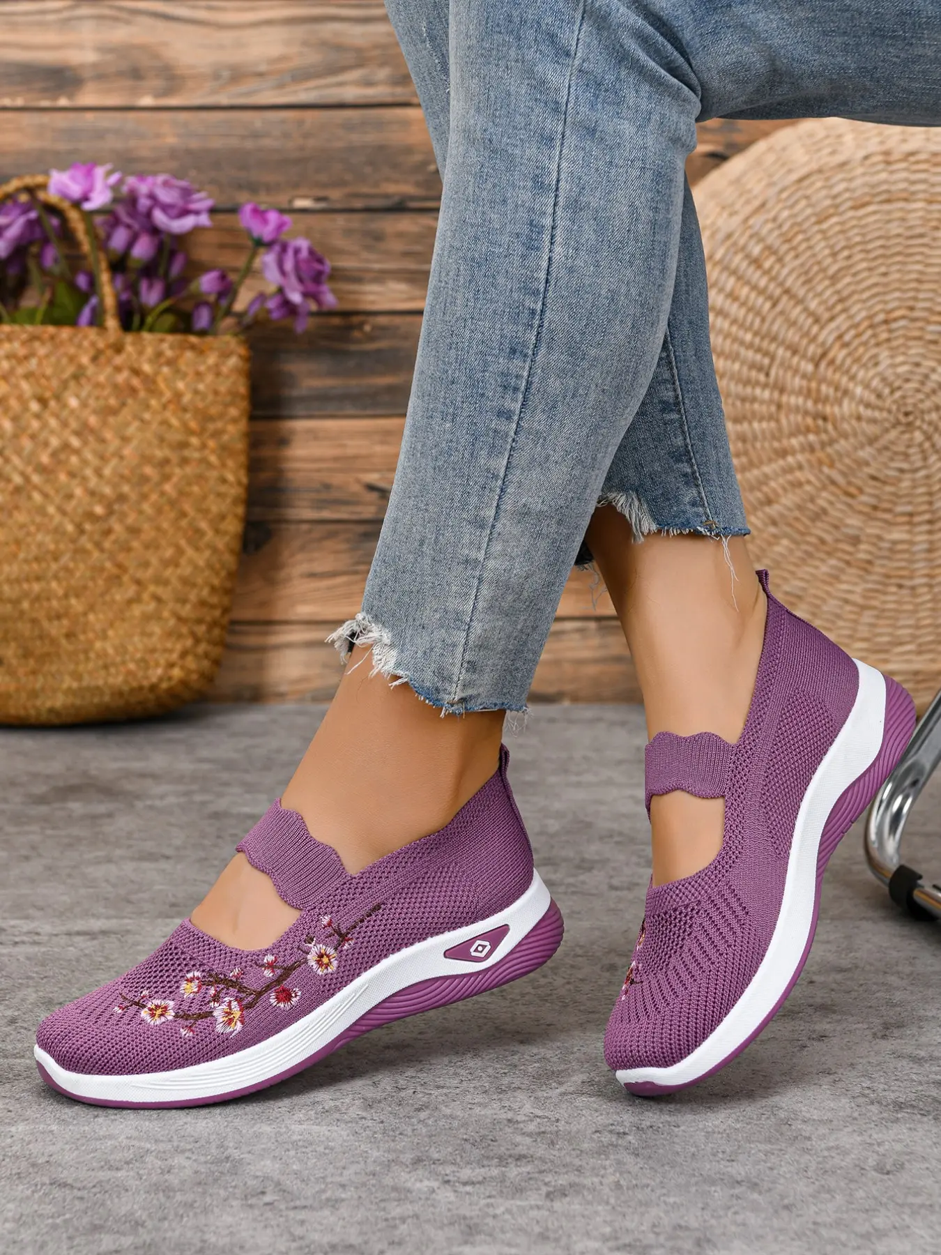 Women's Floral Embroidered Knit Slip-On Sneakers, Closed-Toe Casual Walking Shoes with Strap Detail for Daily Commute and Errands, Casual Lifestyle Footwear