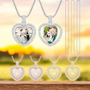 Rhinestone Bling Double-Sided Rotating Heart Necklace Pendant with Photo