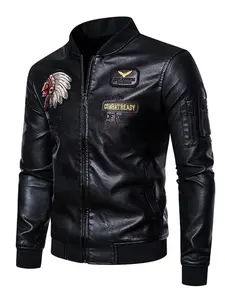 Men's PU Leather Baseball Collar Biker Jacket, Heavy Embroidery, Casual Trendy Leather Coat, Spring & Fall Fashion