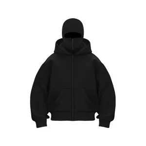 Balaclava Hoodie With Built-In Zip - Black Polyester Long Sleeve Men's Athletic Sweatshirt for Autumn Winter Sports & Casual Wear