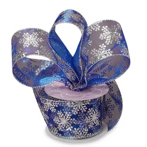 2.5" Wide Blue Sheer Wired Ribbon With Silver Glitter Snowflakes - 10 Yards (56167870) - Holiday Gift Wrap Ribbons, Snowflake Ribbons