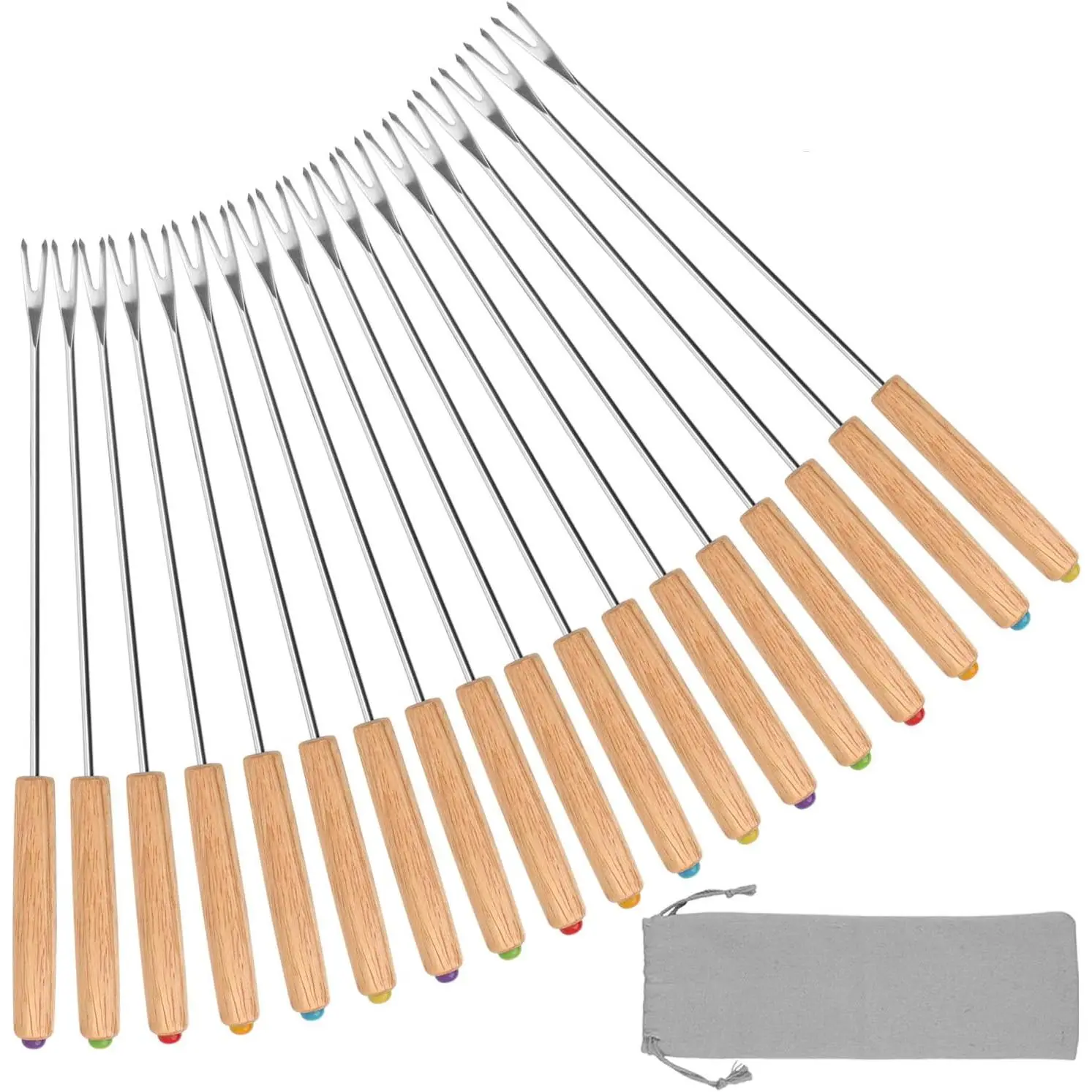Fondue Fork, 18Pcs Stainless Steel Color Coding Fondue Forks with Wooden Handle for Chocolate Fountain Cheese Fondue Roast Marshmallows, 9.5 Inch
