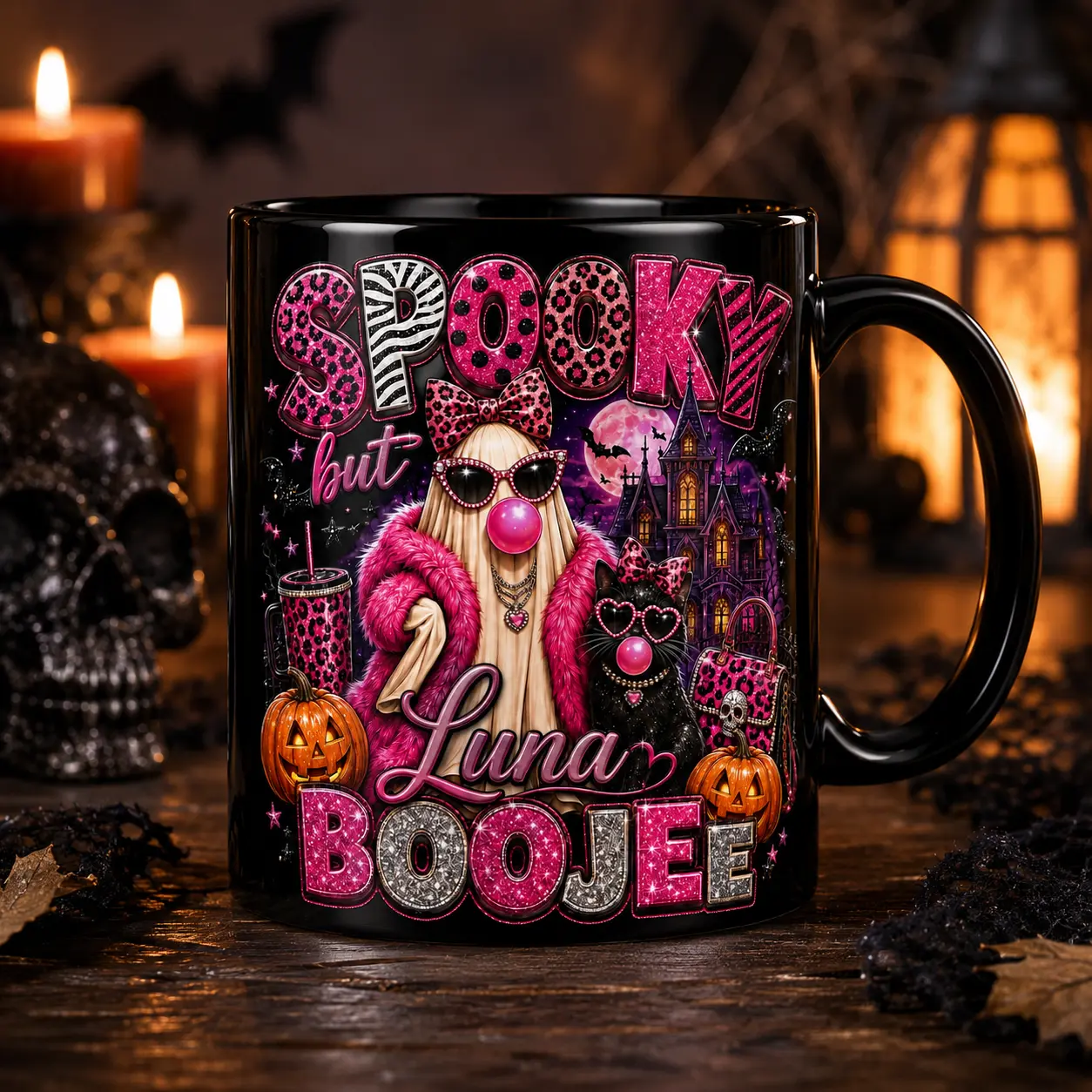 3D EFFECT Personalized Spooky But Boujee Mug, Custom Name Pink Halloween Ghost Black Cat Leopard Coffee Cup Glam Spooky Gift for Women
