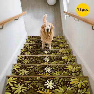 15pcs Non-Slip Stair Treads, Floral Pattern Home Stair Mats, Durable Anti-Skid Stair Protectors, Decorative Stair Pads