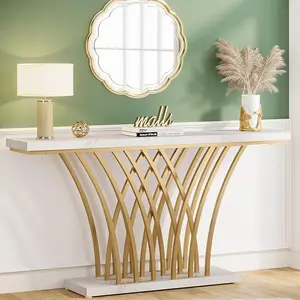 Tribesigns Elegant Gold Console Table for Entryway - 59 Inch with Modern Grid Metal Base & White Faux Marble Style