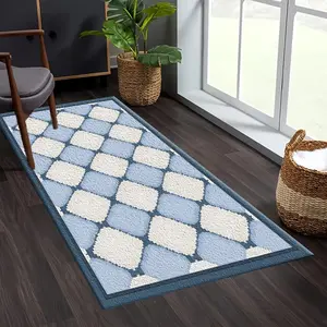 One light blue diamond-patterned hallway rug, lightweight, easy-to-clean, foldable floor mat, washable and low-maintenance home decor rug, suitable for hallways, stairs, bedrooms, kitchens, etc.