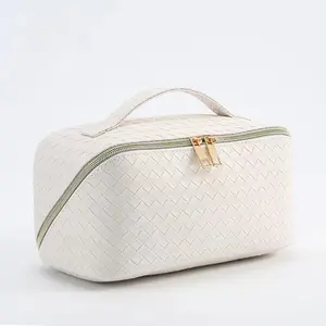 Large Capacity Travel Makeup Bag,Portable Waterproof Cosmetic Bag,PU Leather Checkered with Handle Divider Multifunctional Bag,Parallel Makeup Organizer Toiletry Bag for Women (White)