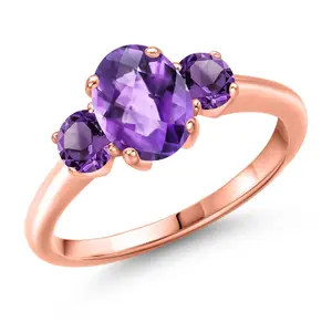 Gem Stone King Gemstone Birthstone 3-Stone Engagement Ring for Women | 18K Rose Gold Plated Silver | Oval 8X6MM and Round 4MM | Three Stone Wedding Anniversary Promise Ring