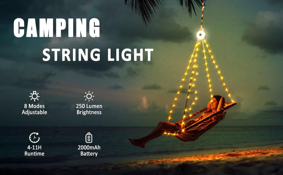 XTAUTO 4 in 1 Quick Storage LED Camping String Lights, 8 Lighting Modes Waterproof Portable Tent Lights, Outdoor Patio Garden Party Halloween Emergency Camping Essentials