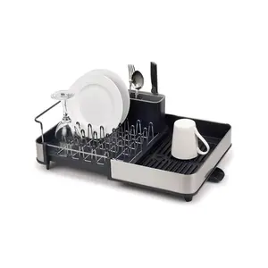 Extendable Dish Drying Rack With Dual Parts - Stainless Steel, Non-Scratch, Movable Utensil Drainer & Drainage Spout, Gray