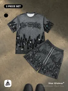 Y2K Rhinestone Star Los Angeles Flame Print 「2-Piece Set」 Breathable Short Sleeve T-Shirt + Loose Shorts, Casual Fashion for Men and Women