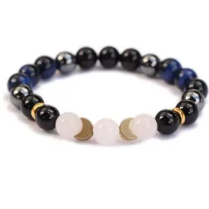 Onyx, Blue Tiger Eye, Quartz, & Hematite Gemstone Triple Moon Protection Bracelet, Moon, Phase, Transformation, Lunar, Empath, Crystal