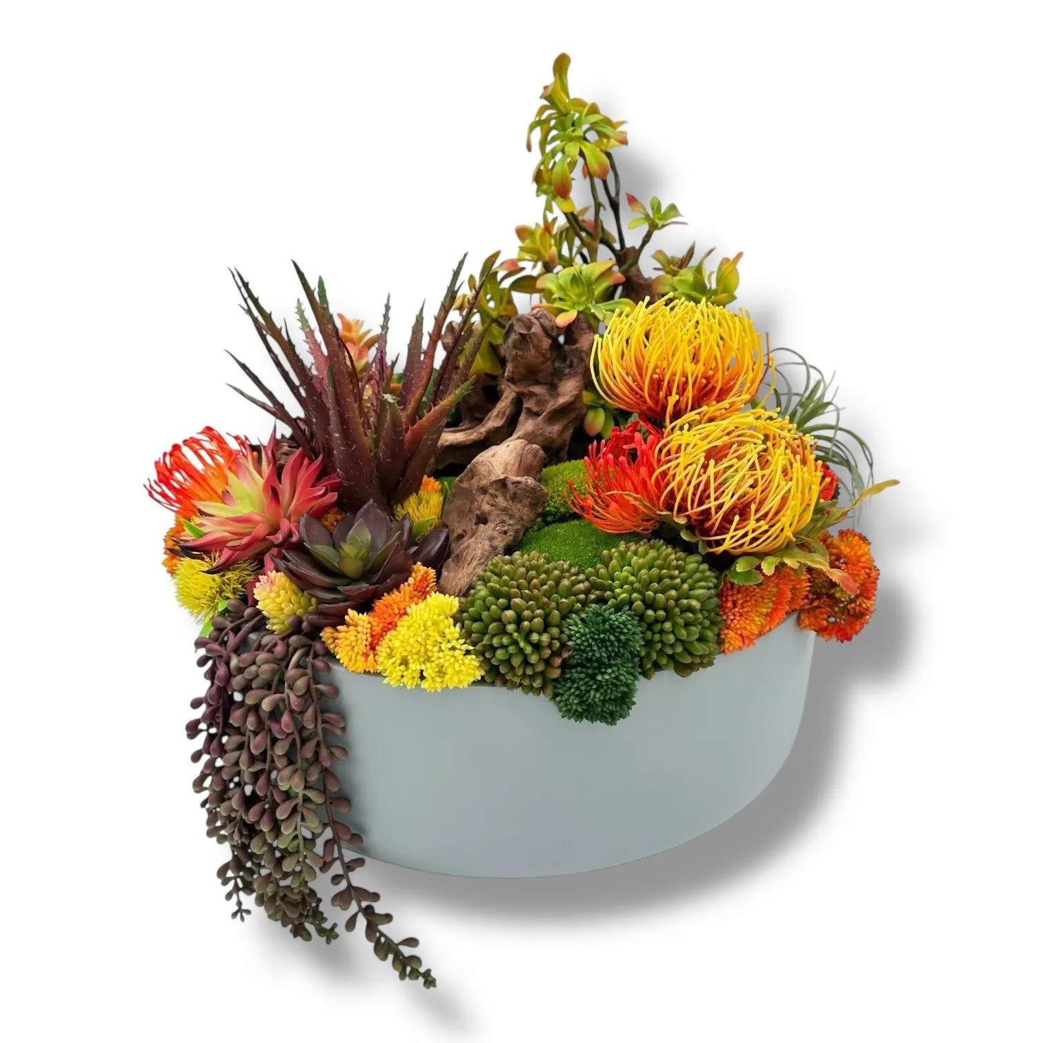 Succulent Design in Gray Circular Fiber Glass Vase | Faux Succulent Floral Arrangement for Desk or Living Room Decor | Centerpiece Flowers