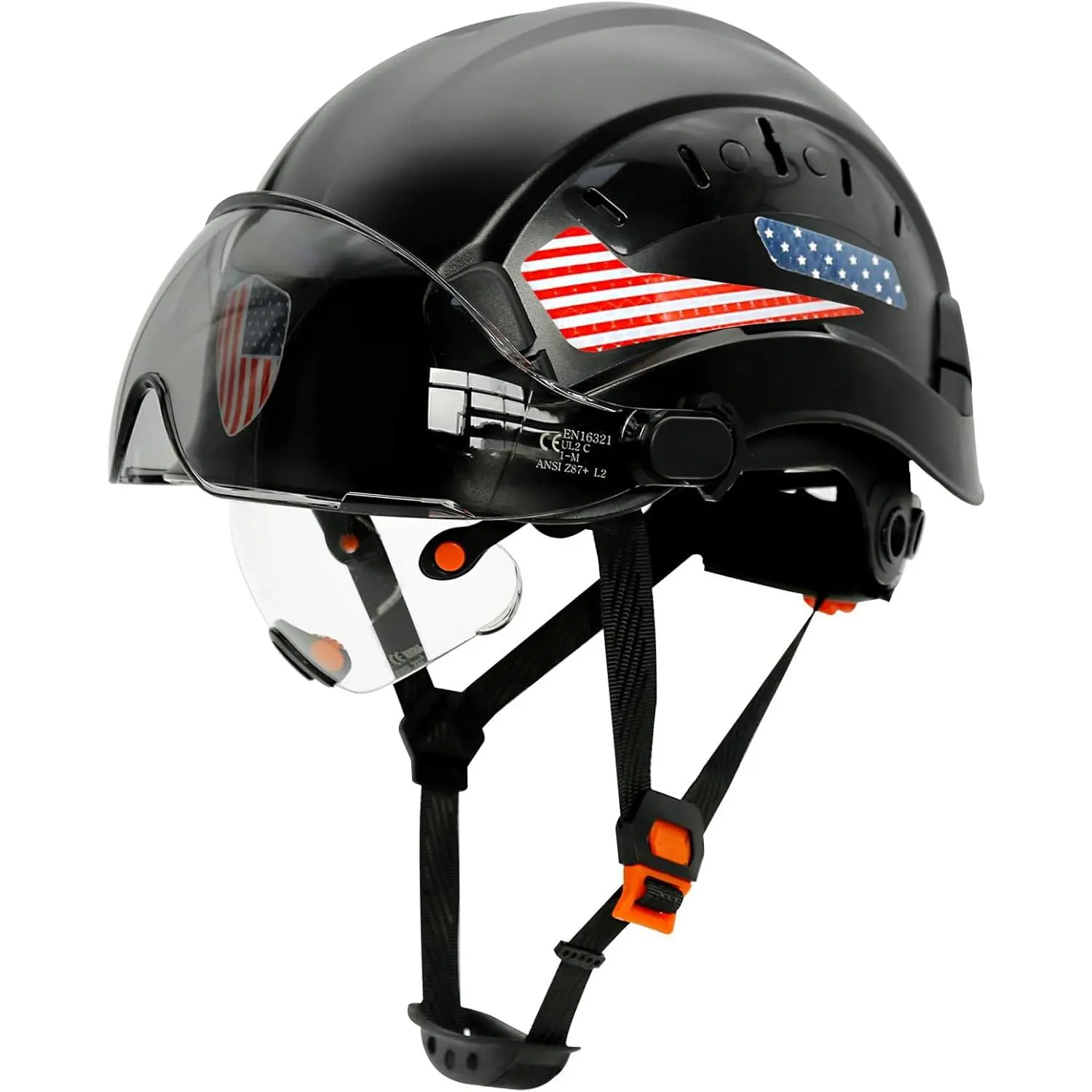 Vented Safety Helmet with Dual Flip-up Sun Visor and Face Shield, Adjustable OSHA Approved Construction Hard Hat for Outdoor Work, Black Hard Hat, Flip-Up Visor, Flip-Up Shield