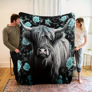 A Cozy Highland Cow And Blue Rose Patterned Fleece Blanket Showcases A Unique Blend Of Natural Beauty And Elegant Floral Design. All-Season Comfort Suitable As A Warm Cozy Blanket For Home Sofas, Bedding, Office Napping, Travel, And Camping