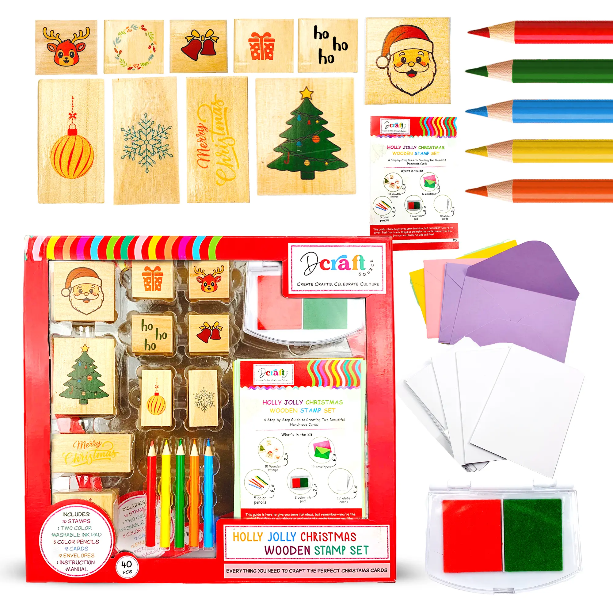 HOLLY JOLLY CHRISTMAS - Wooden Stamp Set and Card Making Kit | DIY Christmas Card Craft Kit with Festive Stamps, Ink Pads, Gift Tags, Cards, and Embellishments | Perfect for Kids & Adults